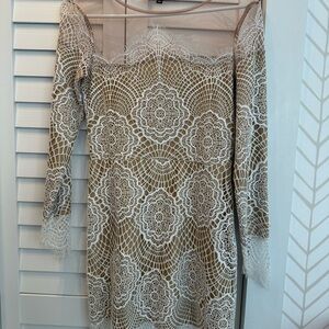 Elegant Lace Overlay Dress in White and Tan